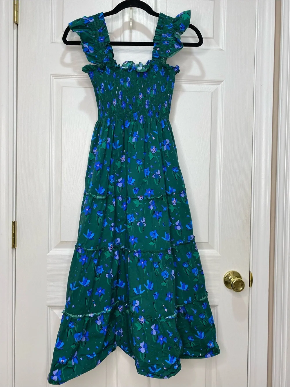 Hill House Green and Blue Floral Smocked Neck Dress - Picture 1 of 8